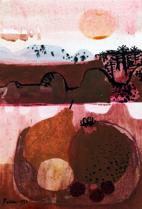 § Mary Fedden (1915-2012) Fruit bowl in a landscape, 10.5 x 7.5in.